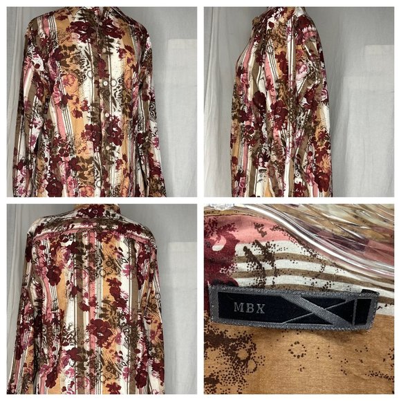 MBX Men's Casual Button Down Shirt Size Large Long Sleeve Collar Maroon Pink Flo - Picture 8 of 16